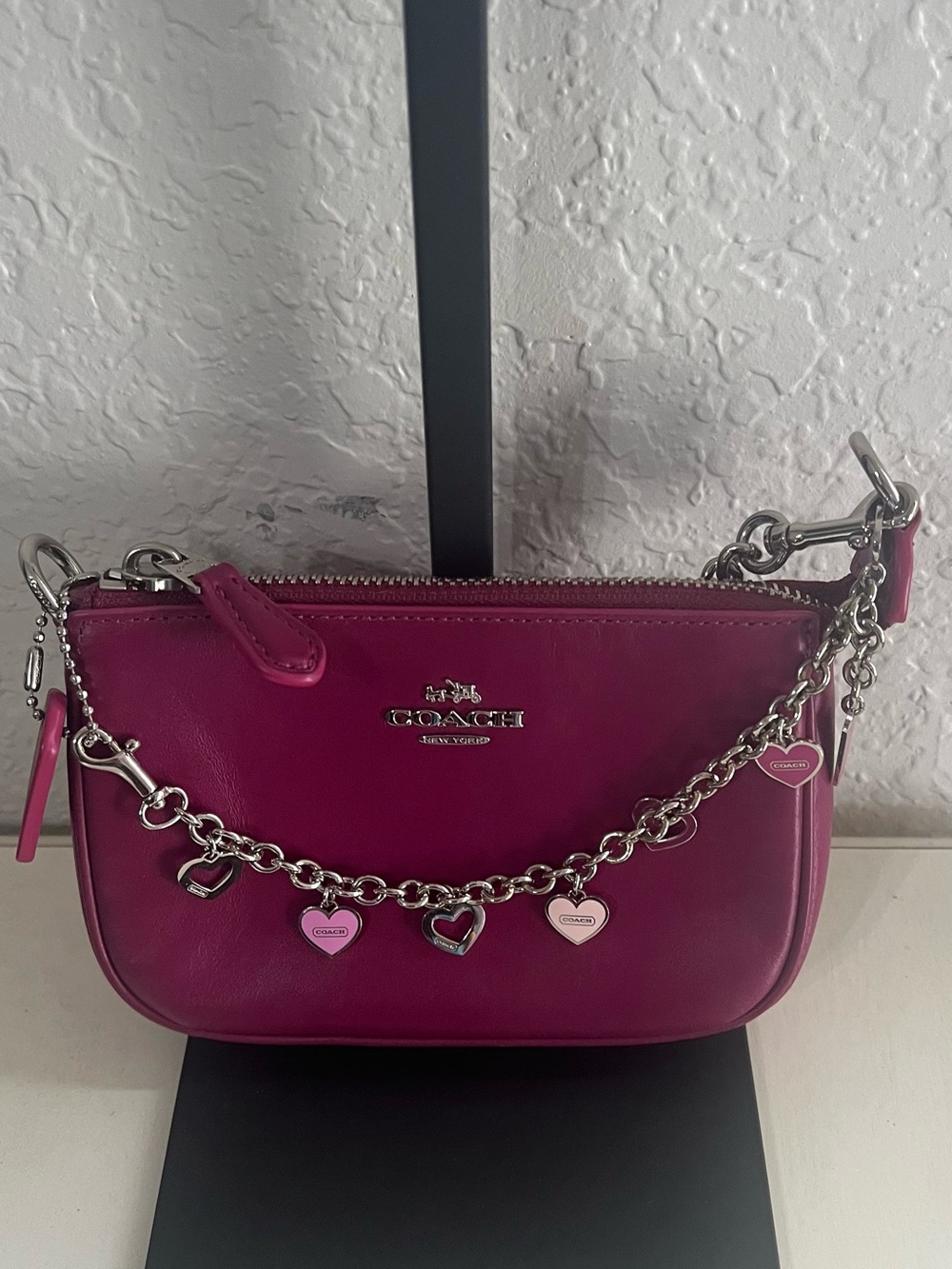 Coach Magenta Leather Mini Wristlet with Heart Charm Chain